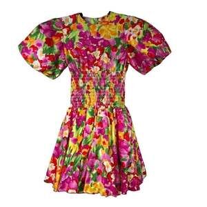 Zoe LTD Bright Floral Puff Sleeve Smocked Girls Dress Sz 8 100% Cotton